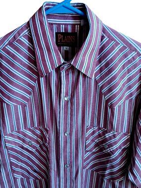 Vintage Large Cowboy Shirt Plains Western Wear Mens Maroon White Striped 90s